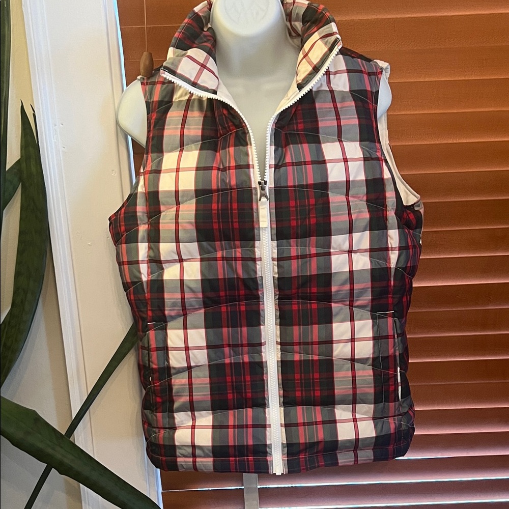 Lands' End Plaid Puffer Vest - Red, Black, White